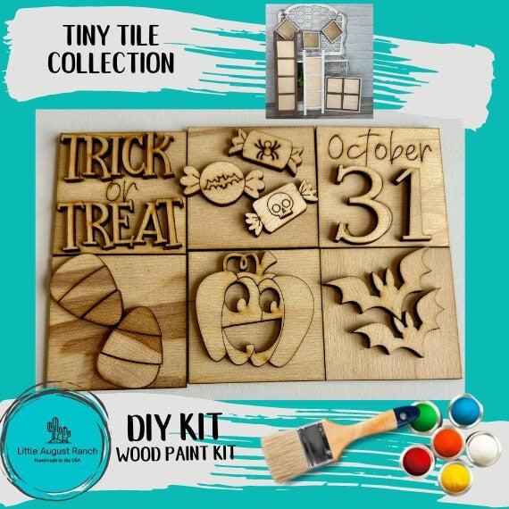 Trick or Treat Tiny Tile Set for Interchangeable Frame Wood Decor - DIY Wood Blanks for Painting