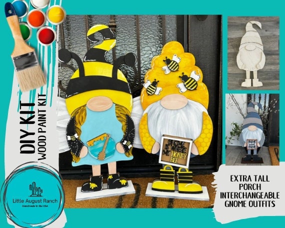 Tall Porch Gnome Honey Bee Outfits- DIY Interchangeable Gnome Wood Blanks