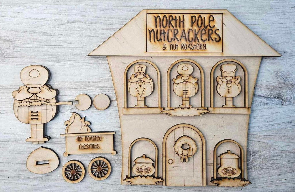 Christmas Village Self Standing Double Sided Pieces - North Pole Nutcrackers & Nut Roastery - Winter Village Wood Blanks