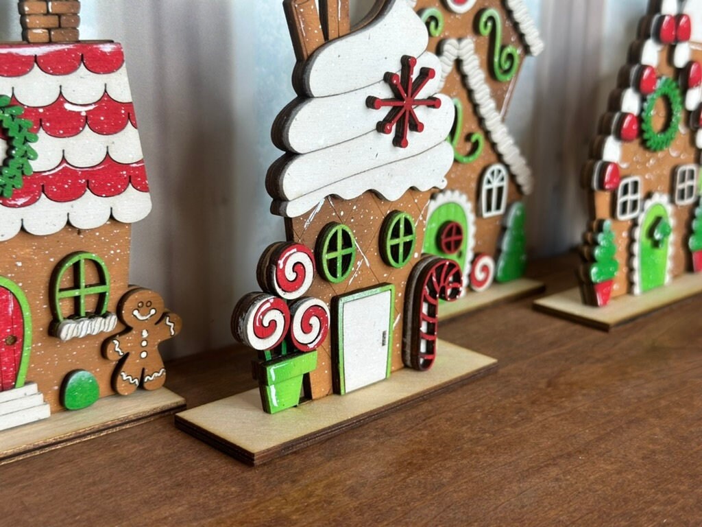 DIY Gingerbread Christmas Village Standing Pieces - Christmas Shelf Decor Wood Blank Paint and Craft Kit