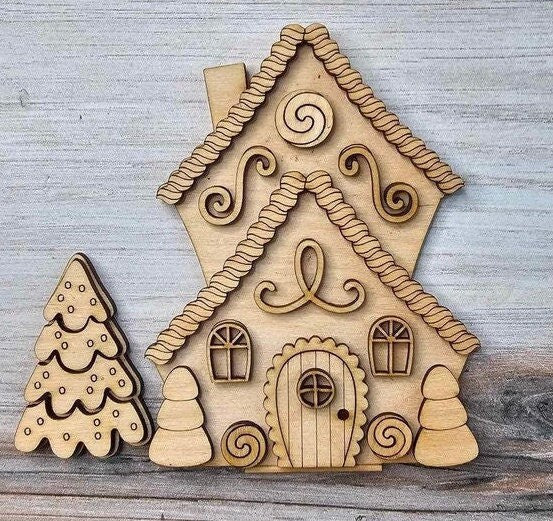 DIY Gingerbread Christmas Village Standing Pieces - Christmas Shelf Decor Wood Blank Paint and Craft Kit