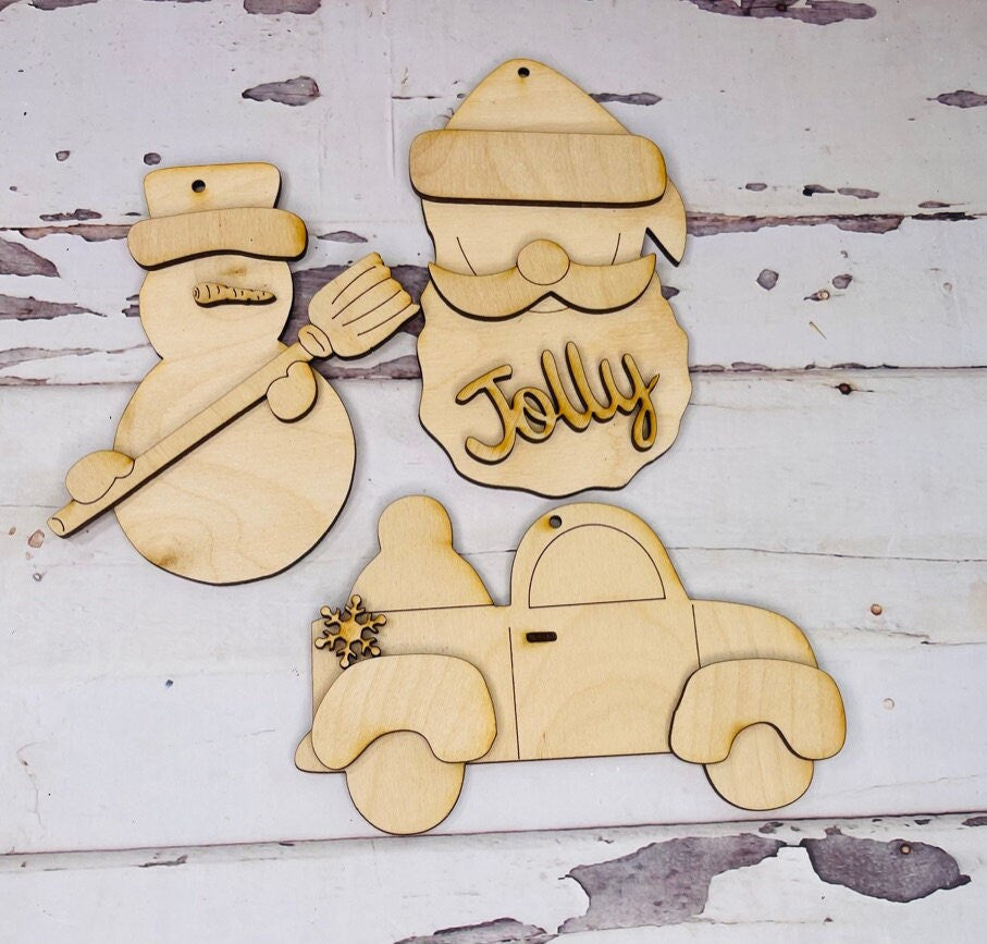 DIY Christmas Ornament Trio Wood Blanks - Santa, Snowman, Red Truck Christmas Ornament Craft