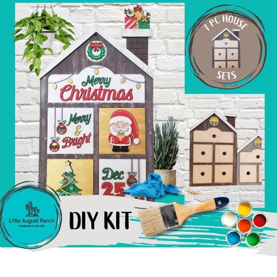 Santa Merry Christmas Inserts for House Frames Interchangeable 7 Piece Wood Squares - DIY Wood Blank Paint Kit