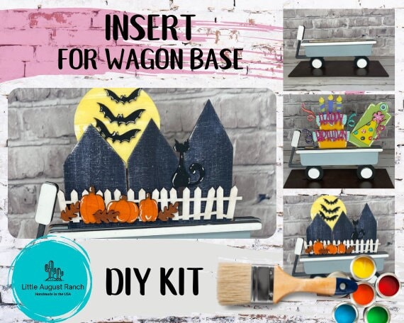 Spooky Halloween Town Wagon Insert for Interchangeable Inserts - Unfinished Decor - Freestanding Shelf Decor - Paint it Yourself DIY Kit