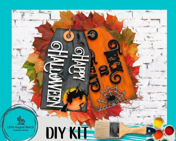 Happy Halloween Door Hanger Tag Set - Trick or Treat DIY Paint Kit Wood Blank Set