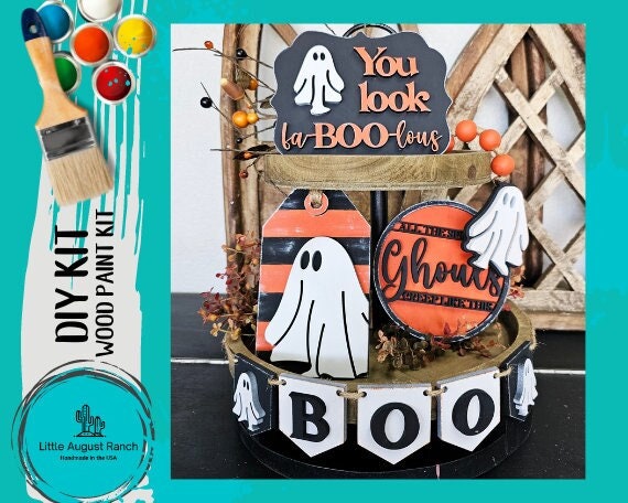 fa-Boo-lous Halloween Tiered Tray Decor Bundle DIY Paint Kit - Halloween Ghost Theme Wood Blanks for Painting