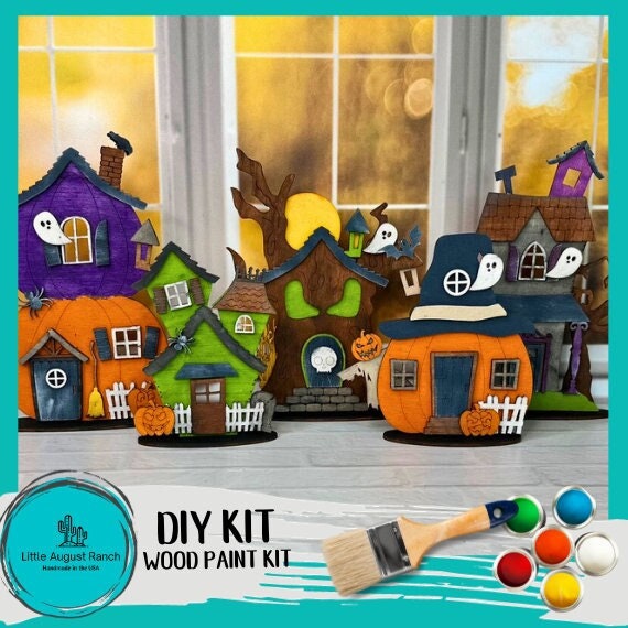 Halloween Haunted House Set of 5 DIY Craft Set - Shelf Decor Wood Blanks for Painting