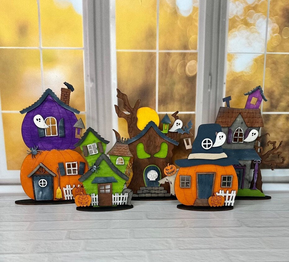 Halloween Haunted House Set of 5 DIY Craft Set - Shelf Decor Wood Blanks for Painting