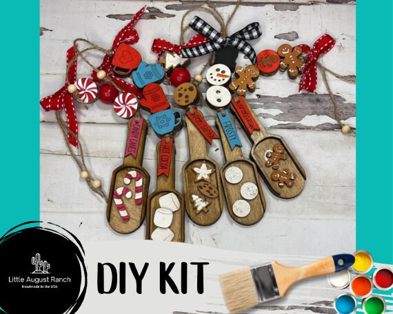 A Christmas Garland Craft - Scoop Garland - Wood Bead Christmas Craft - DIY Paint Kit with spoons and paint brushes by Little August Ranch.