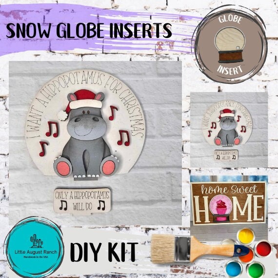 Hippo for Christmas Insert for Snow Globe DIY Interchangeable Decor Inserts - Wood Paint Kit