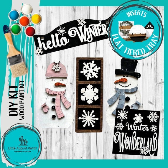 Hello Winter Tiered Tray Set with Banner - Flat Tiered Tray Holder for Display