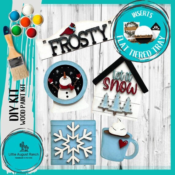 Frosty Winter Tiered Tray Set with Banner - Flat Tiered Tray Holder for Display - Wood Blanks for Crafting and Painting