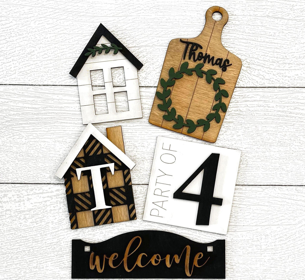 Personalized Family Welcome Tiered Tray Set with Banner - Flat Tiered Tray Holder for Display - Wood Blanks for Crafting and Painting