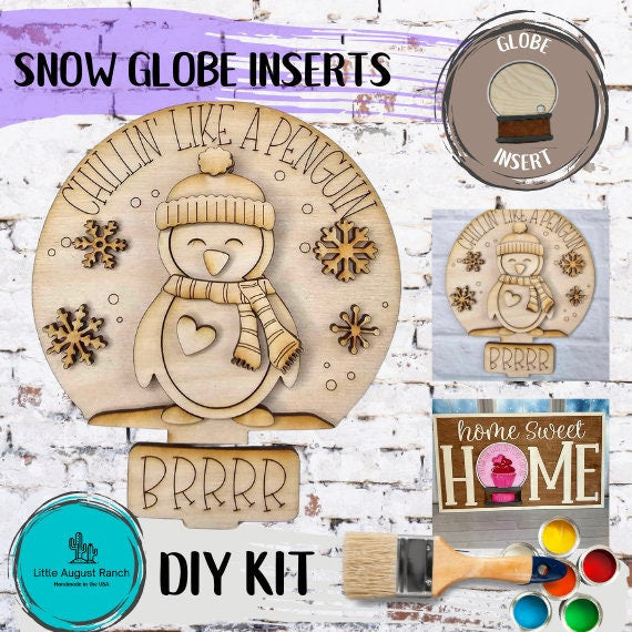 Winter Penguin Insert for Snow Globe DIY Interchangeable Decor Inserts - Wood Paint Kit