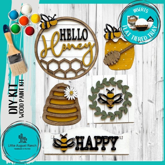 Honey Bee Tiered Tray Set with Banner - Flat Tiered Tray Holder for Display