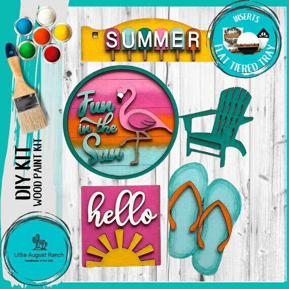 Hello Summer Tiered Tray Set with Banner - Flat Tiered Tray Holder for Display