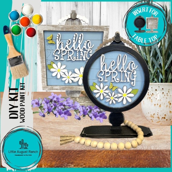 Hello Spring, Daisy DIY Tabletop Round/Square Sign Holder - Wood Blanks for Painting and Crafting