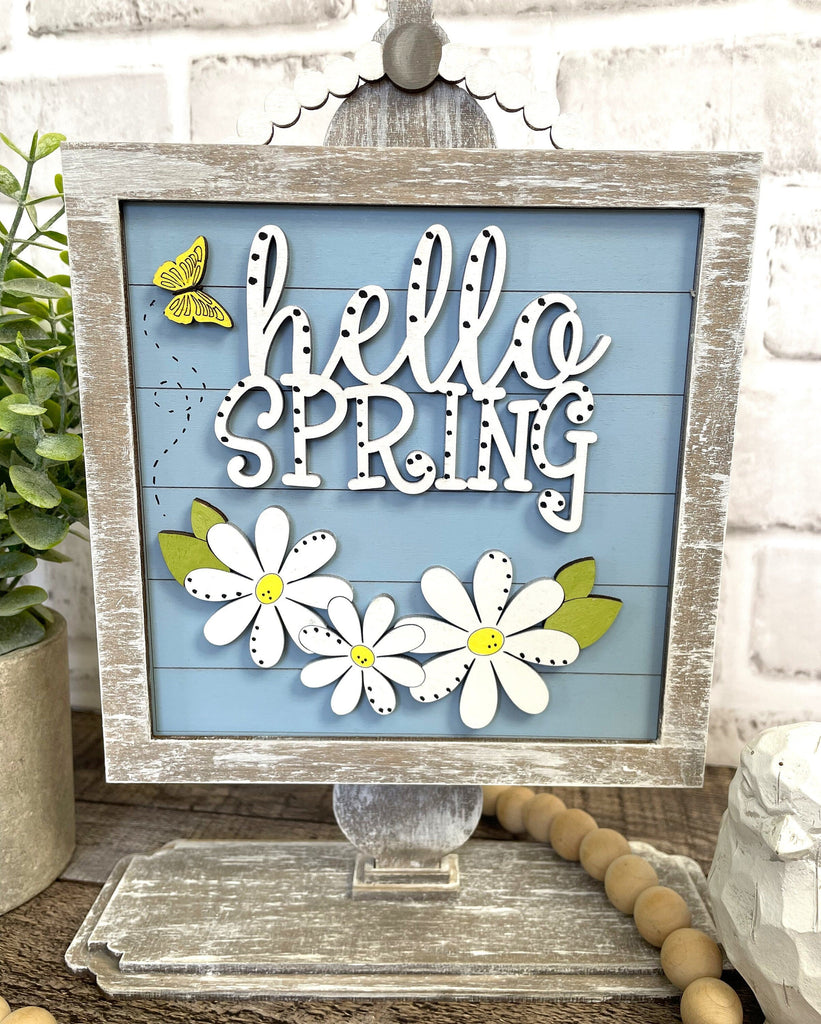 Hello Spring, Daisy DIY Tabletop Round/Square Sign Holder - Wood Blanks for Painting and Crafting