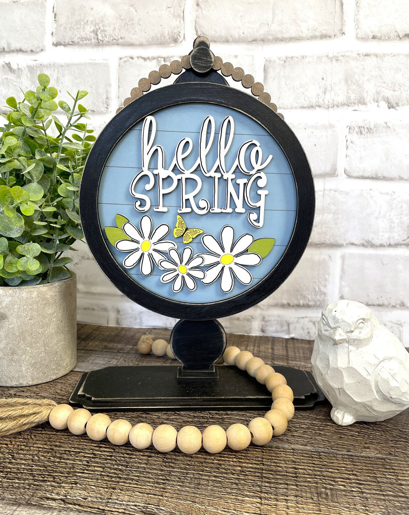 Hello Spring, Daisy DIY Tabletop Round/Square Sign Holder - Wood Blanks for Painting and Crafting