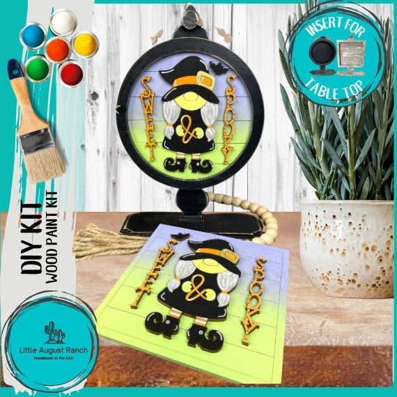 Halloween Witch DIY Tabletop Round/Square Sign Holder - Wood Blanks for Painting and Crafting