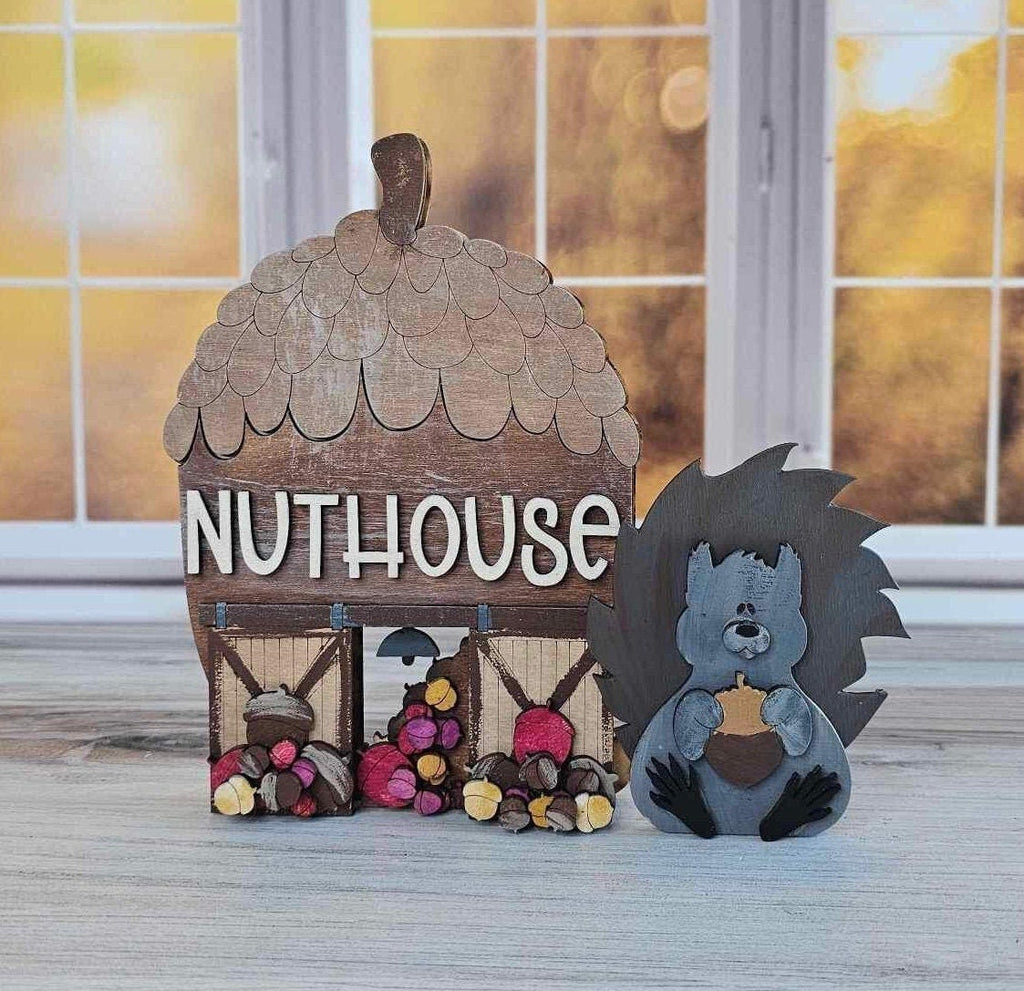 Fall Village Nuthouse Barn Self Standing Double Sided Pieces - DIY Wood Blanks for Painting