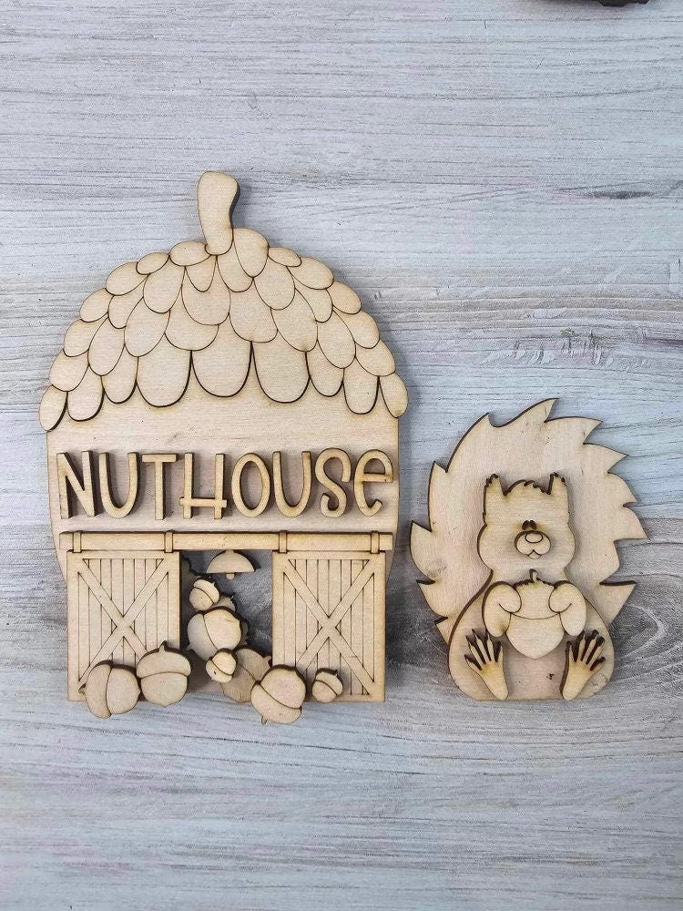 Fall Village Nuthouse Barn Self Standing Double Sided Pieces - DIY Wood Blanks for Painting