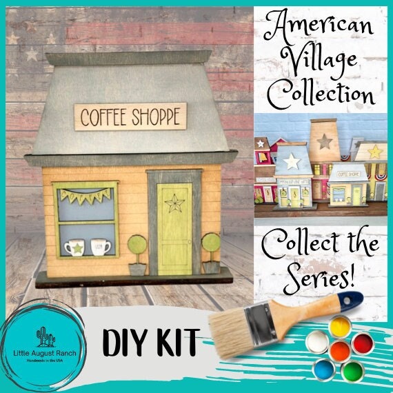 Main Street USA, Americana Coffee Shop Self Standing Shelf Decor - DIY Wood Blanks to Paint and Decorate