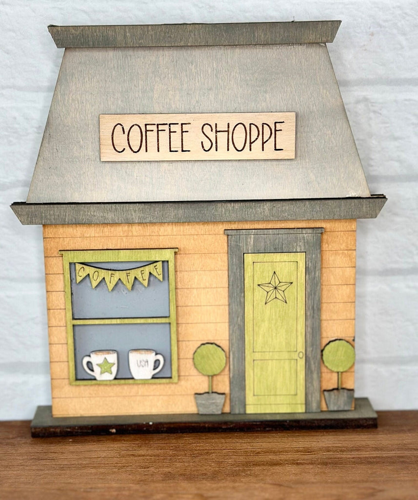 Main Street USA, Americana Coffee Shop Self Standing Shelf Decor - DIY Wood Blanks to Paint and Decorate