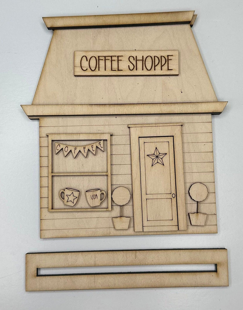 Main Street USA, Americana Coffee Shop Self Standing Shelf Decor - DIY Wood Blanks to Paint and Decorate