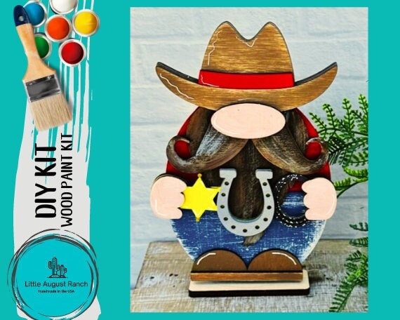 Cowboy Sheriff Gnome DIY Wood Paint Kit- Standing Gnome on Base