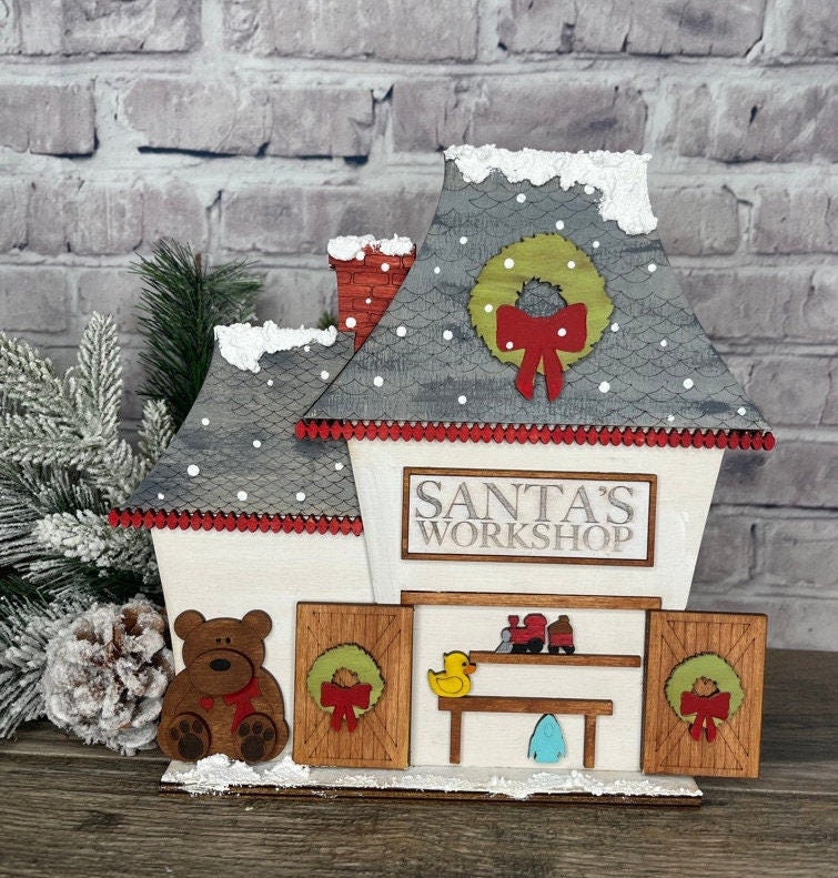 Christmas Village Self Standing Double sided Pieces - Santa&#39;s Workshop