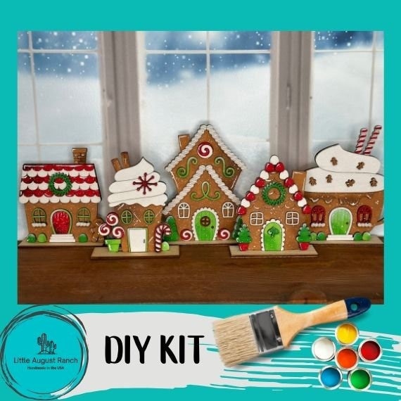 DIY Gingerbread Christmas Village Standing Pieces - Christmas Shelf Decor Wood Blank Paint and Craft Kit