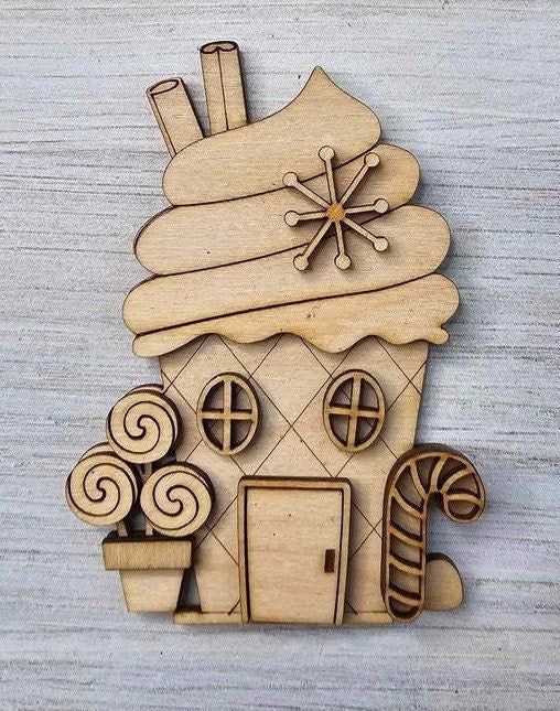 DIY Gingerbread Christmas Village Standing Pieces - Christmas Shelf Decor Wood Blank Paint and Craft Kit