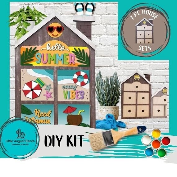 Hello Summer Inserts for House Frames Interchangeable 7 Piece Wood Squares - DIY Wood Blank Paint Kit