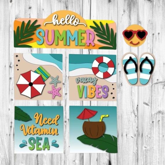 Hello Summer Inserts for House Frames Interchangeable 7 Piece Wood Squares - DIY Wood Blank Paint Kit