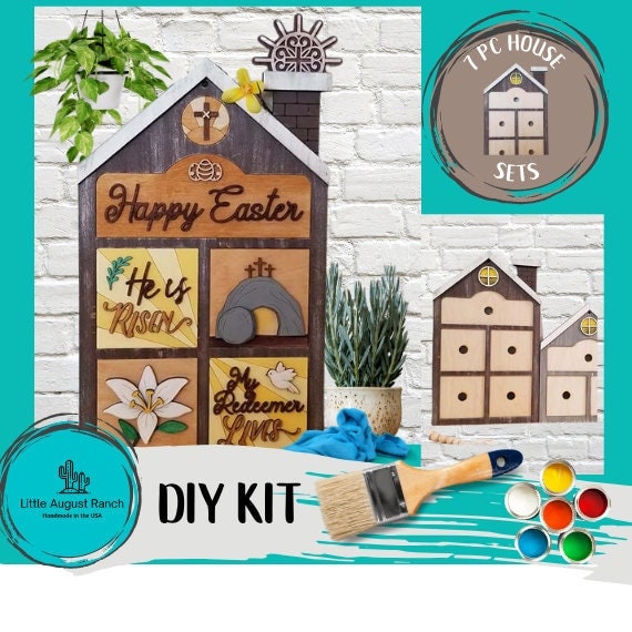 Easter He Is Risen Square Inserts for House Frames Interchangeable 7 Piece Wood Squares - DIY Wood Blank Paint Kit