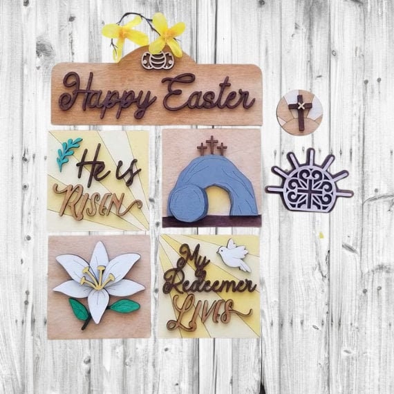 Easter He Is Risen Square Inserts for House Frames Interchangeable 7 Piece Wood Squares - DIY Wood Blank Paint Kit