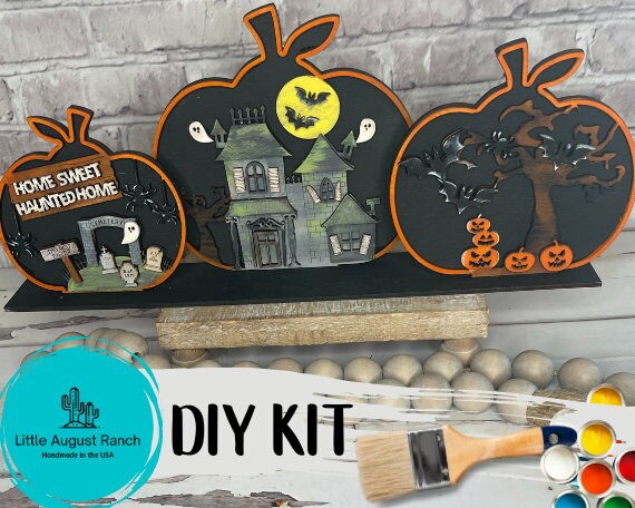 DIY Trio Halloween Pumpkin Craft Kit - Spooky Pumpkins Paint Kit - Fall Wood Blanks - Pumpkin Wood Blanks