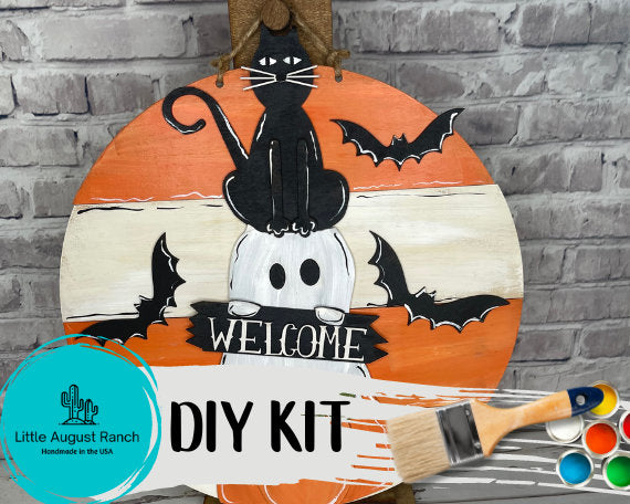 Halloween Door Hanger DIY Kit - Ghost Black Cat Welcome Paint Kit Wall Hanging - Halloween Paint Kit - Halloween Decor