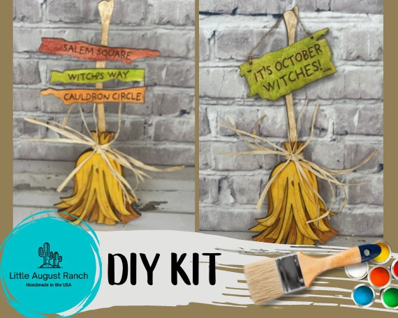 Halloween Direction Sign Standing Broom DIY Wood Kit - It&#39;s October Witches - Halloween Shelf Decor - Witches Broom