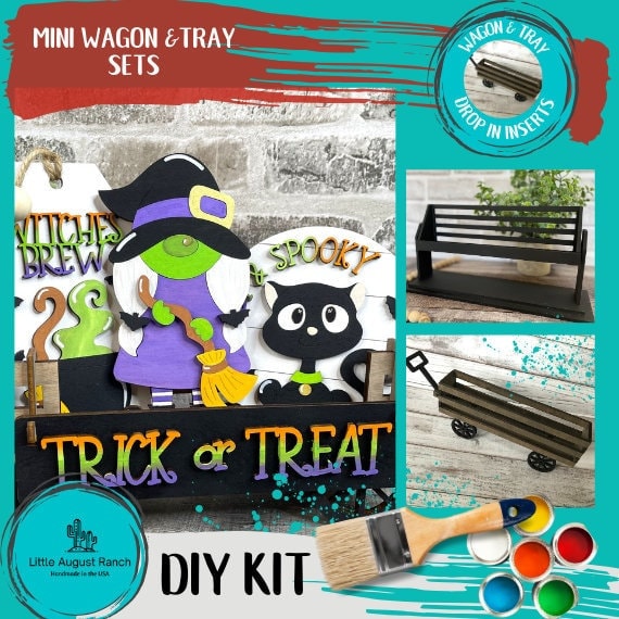 Trick or Treat Witch and Cat Lantern DIY Mini Tray Sets - Wood Blanks for Crafting and Painting