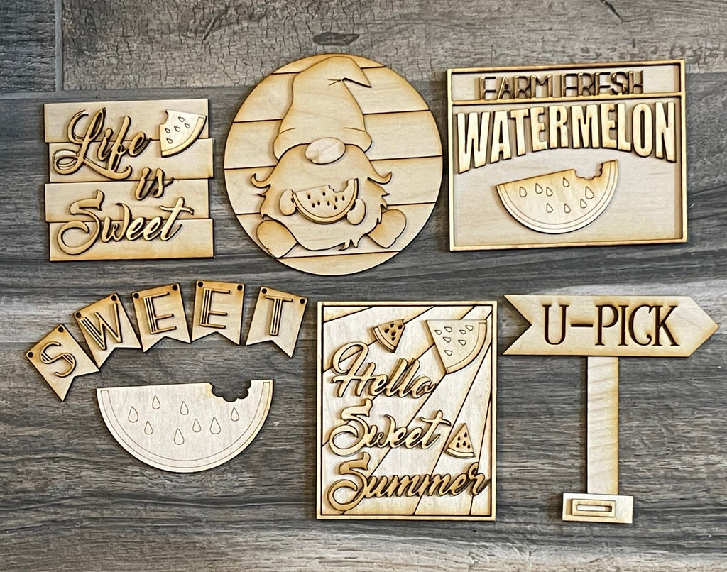 A Little August Ranch Watermelon Tiered Tray DIY Paint Kit - Farmers Market Wood Blanks - U-Pick- Summer Paint Kit featuring wooden signs.