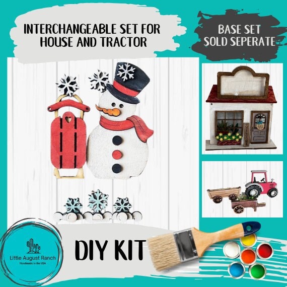 Winter Mini Snowman DIY Interchangeable Add-ons for House and Tractor - Wood Blanks for Crafting and Painting