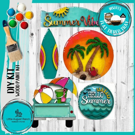 Hello Summer Tiered Tray Set with Banner - Flat Tiered Tray Holder for Display