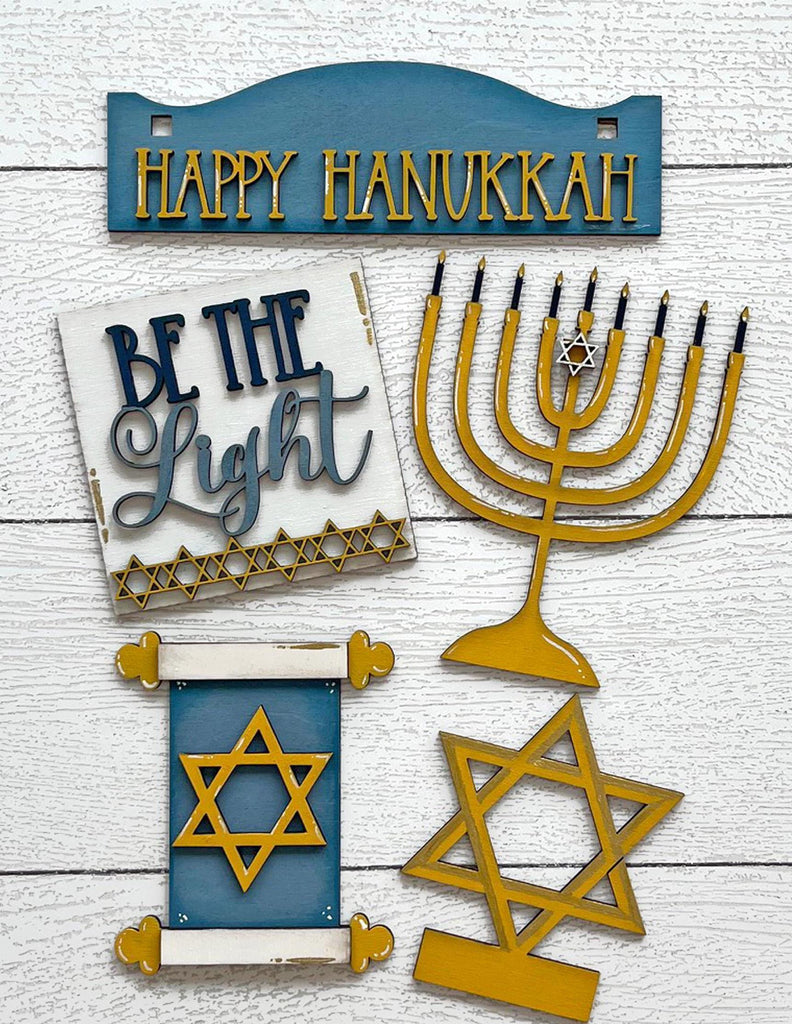 Hanukkah Tiered Tray Set with Banner - Flat Tiered Tray Holder for Display - Wood Blanks for Crafting and Painting