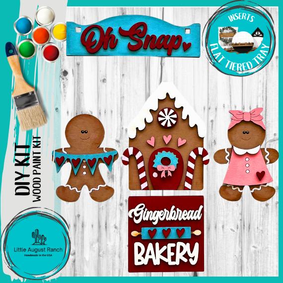 Gingerbread Tiered Tray Set with Banner - Flat Tiered Tray Holder for Display - Wood Blanks for Crafting and Painting