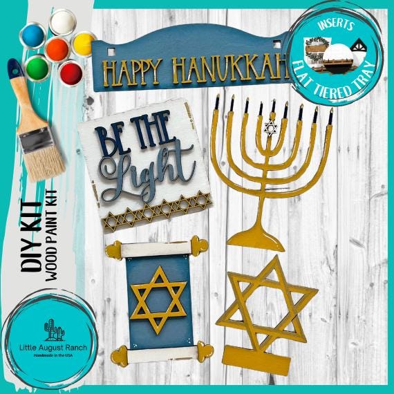 Hanukkah Tiered Tray Set with Banner - Flat Tiered Tray Holder for Display - Wood Blanks for Crafting and Painting