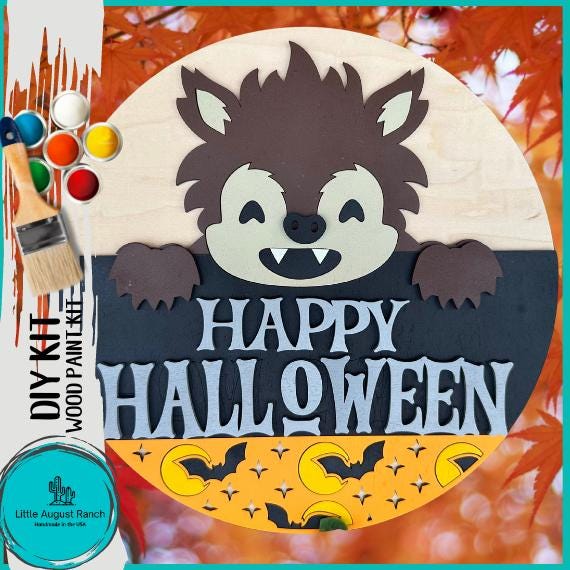 Werewolf Halloween Door Hanger DIY Kit - Paint Kit Wall Hanging - Paint Kit - Round Wood Blank