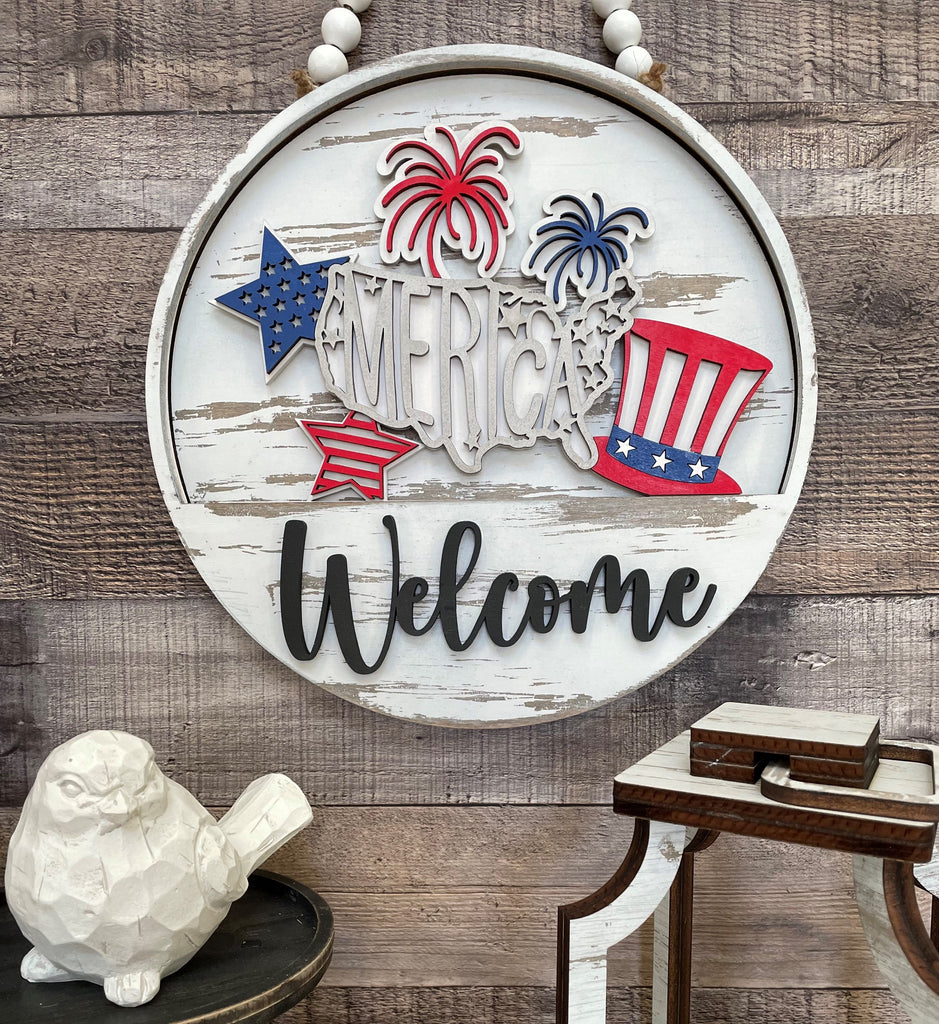 DIY American Door Hanger - 4th of July Insert for Interchangeable - Paint it Yourself. This Little August Ranch Add-On Insert is an Interchangeable Door Hanger/Interior Sign. File included.