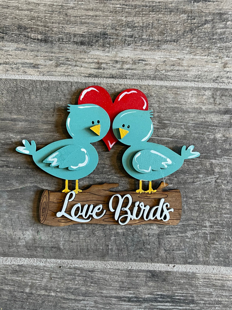 Two Little August Ranch Valentine Tiered Tray Sets - Finished Tray Bundles - Love Birds - Loads of Love - Love Shelf Decor on a wooden sign.